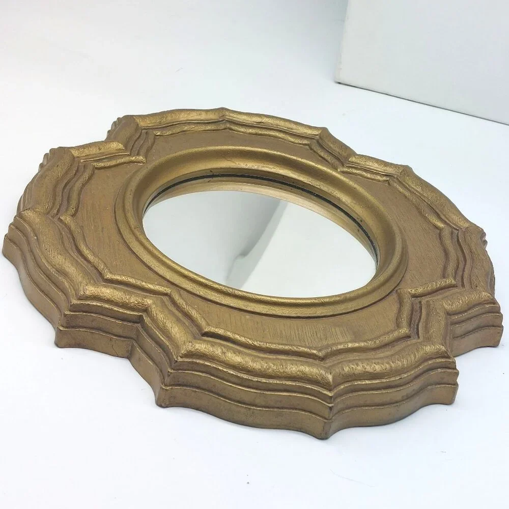 Vintage Hollywood Regency Ornate Gold Plastic Wall Mirror Florentine Style 9.25”